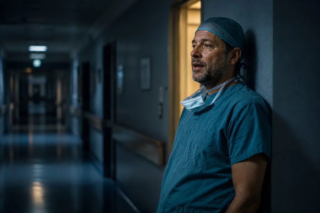 Chirurg nach der Operation im Flur, Maske unter dem Kinn