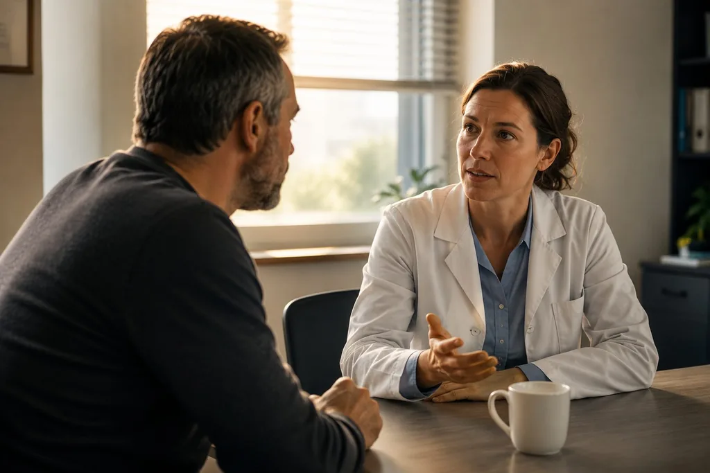 Ärztin im Gespräch mit einem Patienten am leeren Tisch