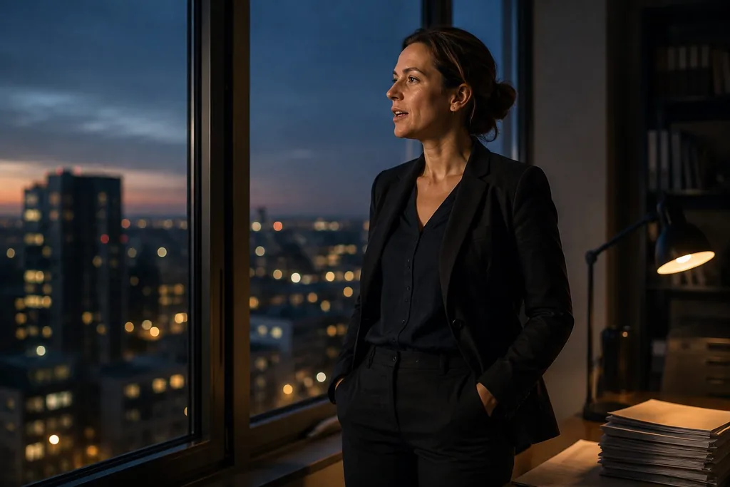 Anwältin diktiert am Abendfenster über der Stadt
