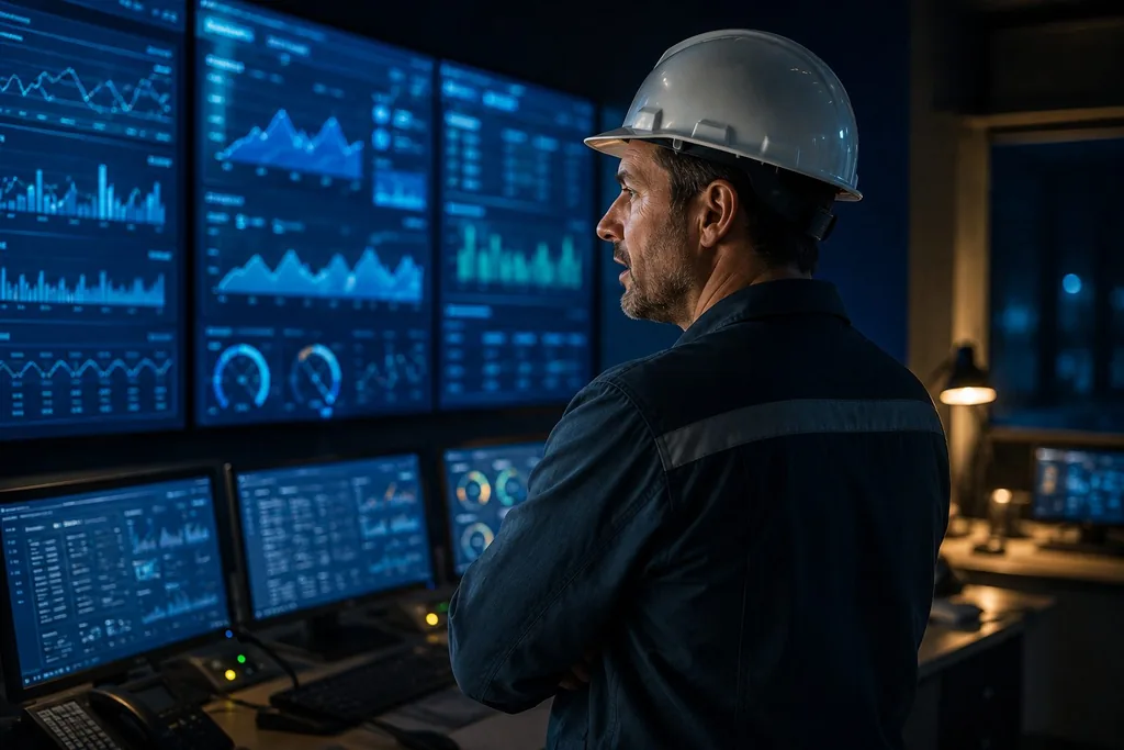 Ingenieur im Leitstand vor blauen Systempanels